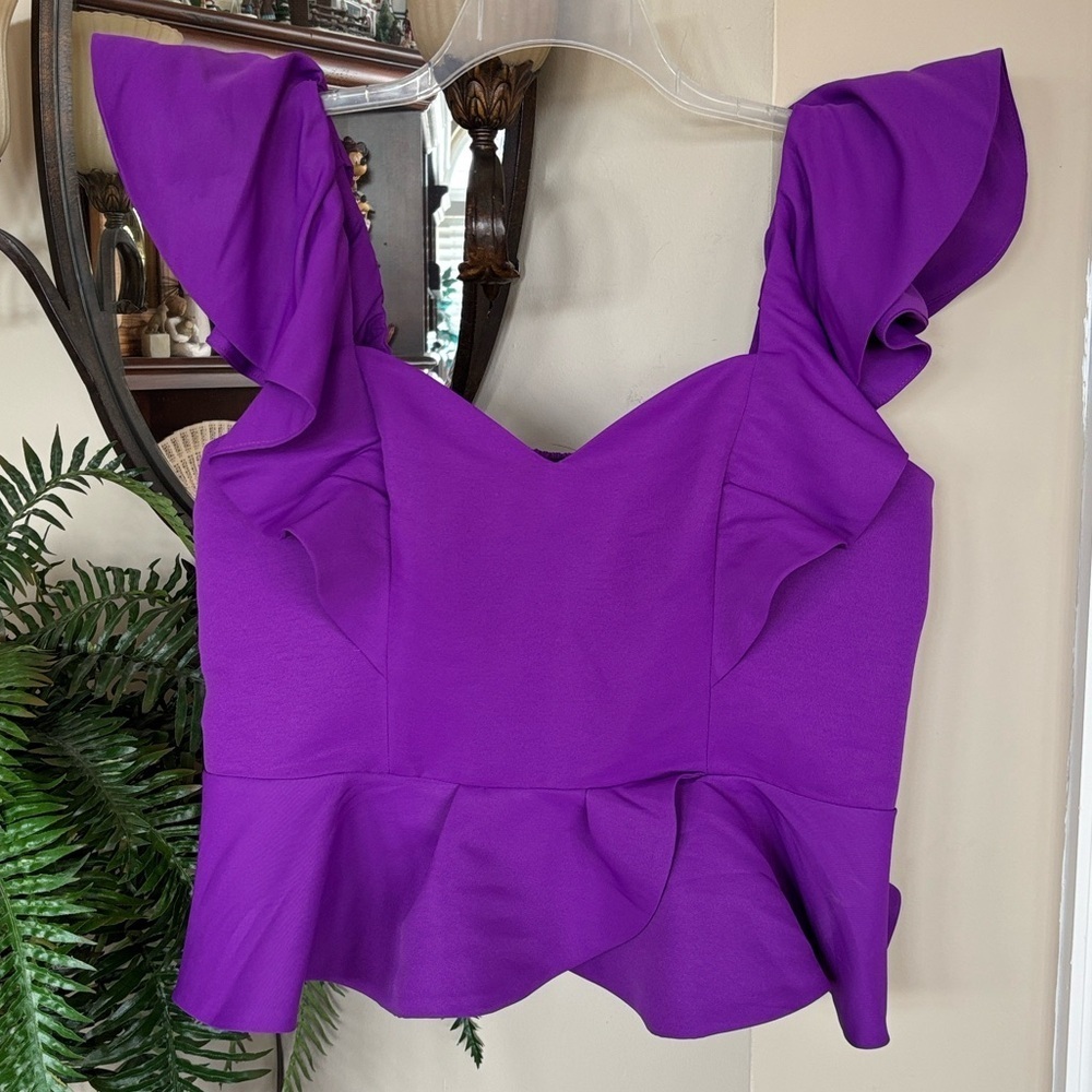 Brand New Express Purple Ruffle Crop Top Smocked Stretch Back Tailored Blouse - Picture 14 of 14